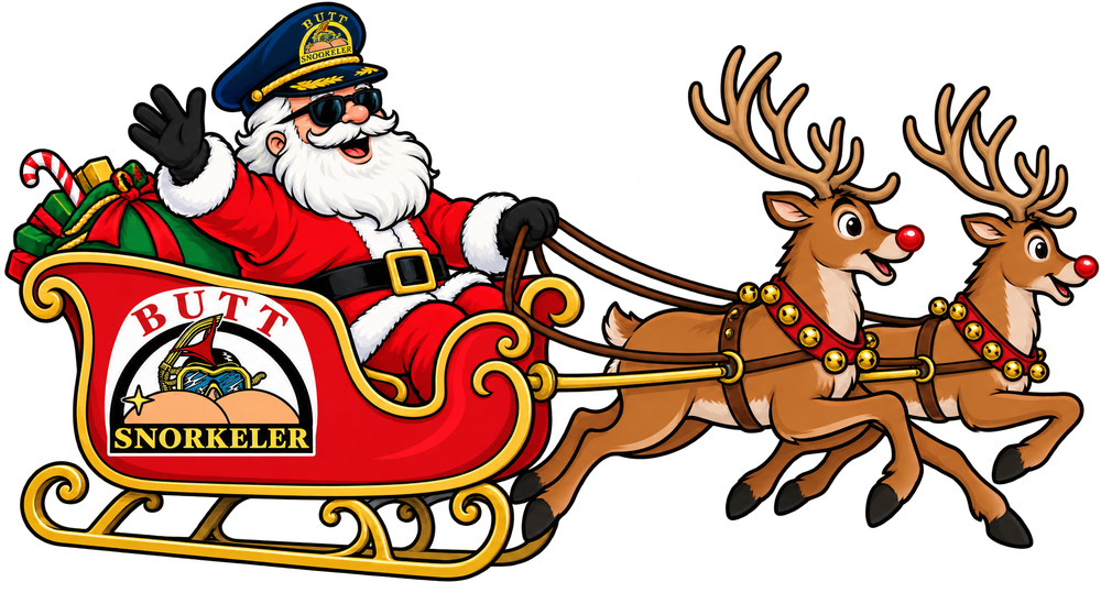 Santa wearing a ButtSnorkeler captain's cap flying his sleigh for the Christmas tee sale