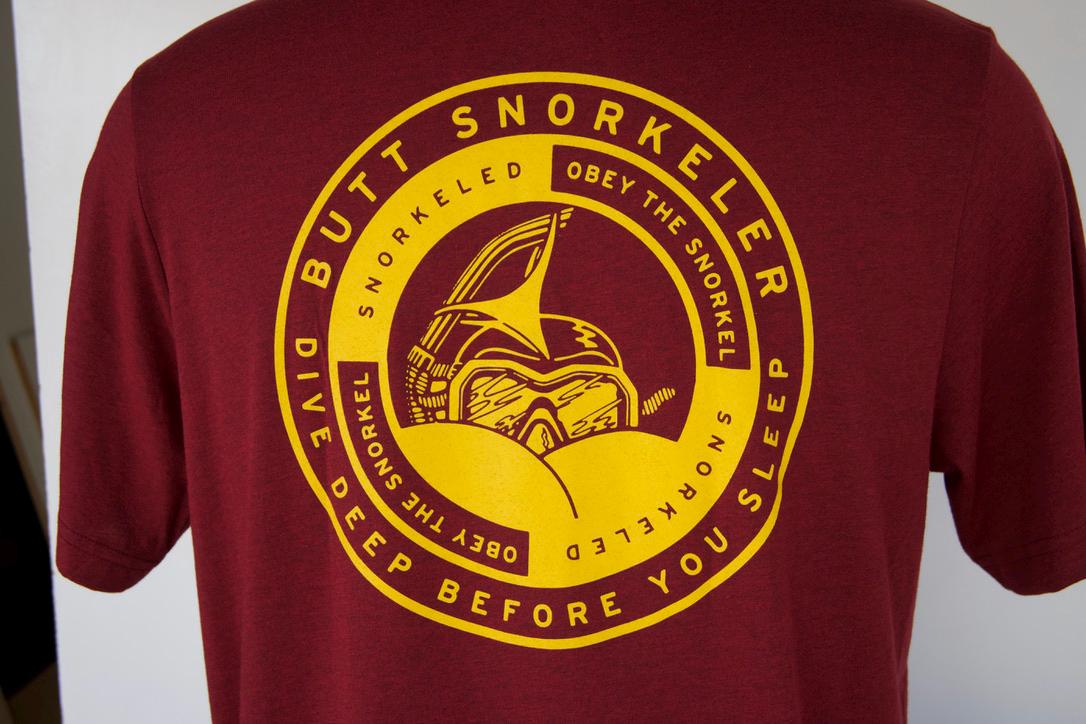 Burgundy Tee Dive Deep Logo from Buttsnorkeler. view 2