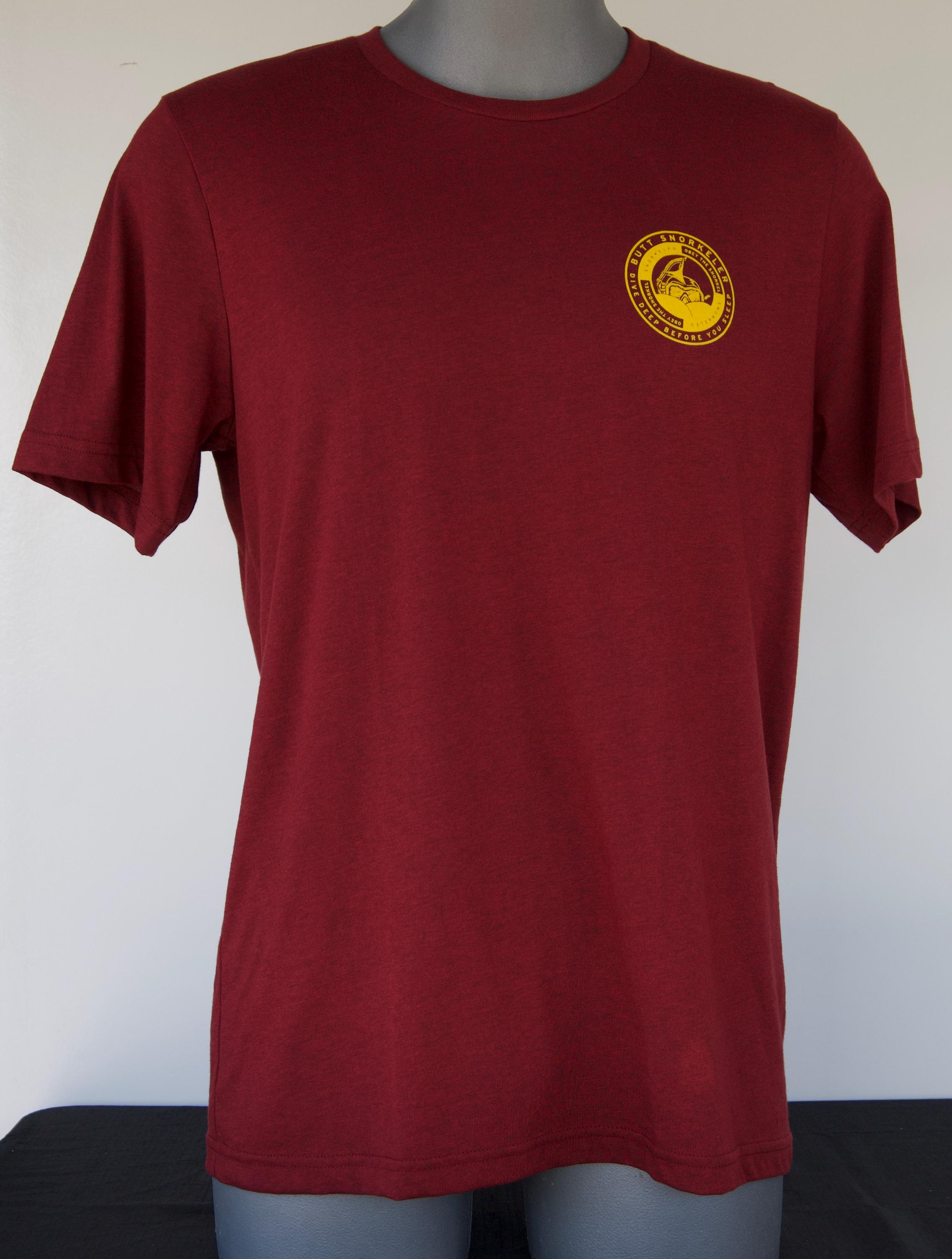 Burgundy Tee Dive Deep Logo from Buttsnorkeler. view 3